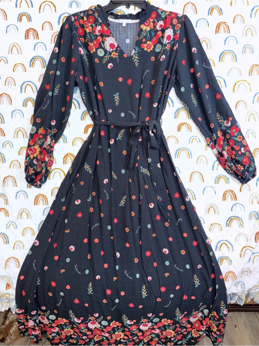 Kate and Sam Black Floral Long Sleeve Maxi Dress